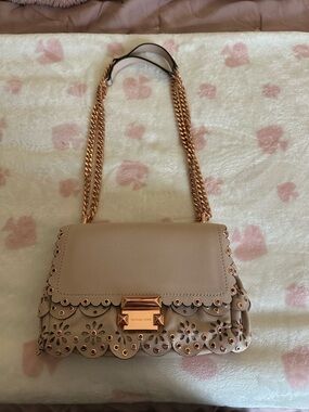 Michael Kors Taupe Scalloped Floral Cutout Shoulder Bag with Gold Chain